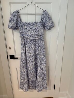 O.P.T. Floral Puff-Sleeve Maxi Dress in Blue and White